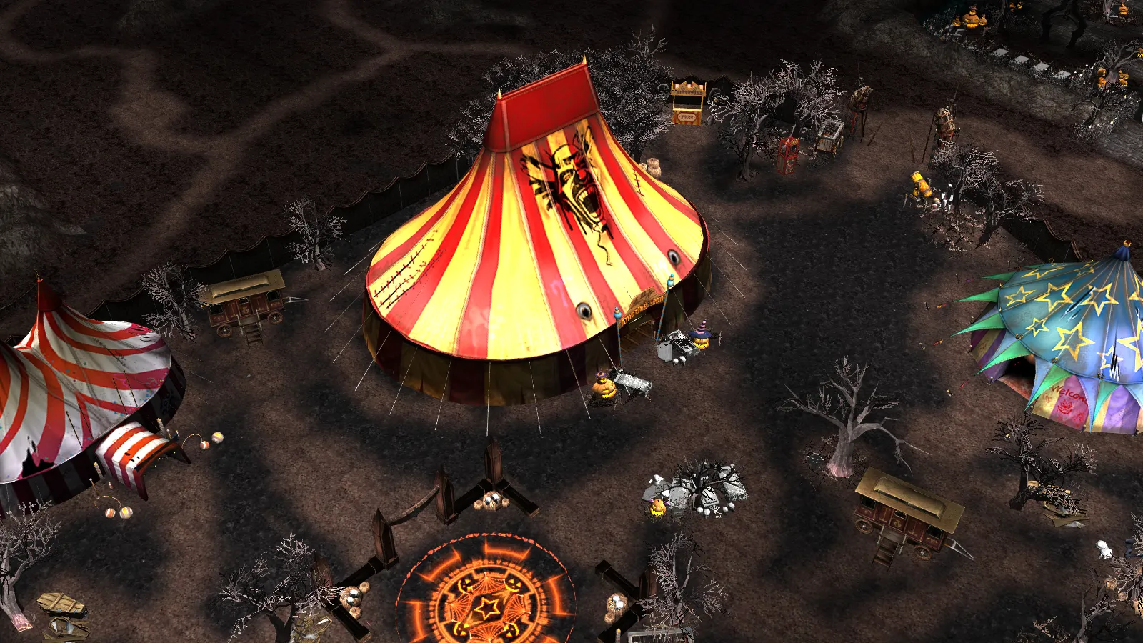 The circus on the Halloween field: a red and yellow tent with a clown face, two more tents, wagons and a glowing rune circle