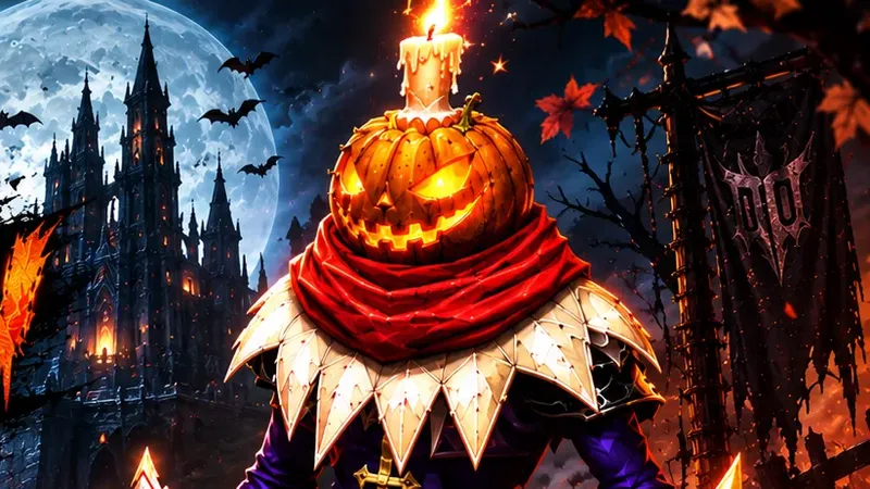 Jack O'Lantern in the dark, a burning candle on his pumpkin head