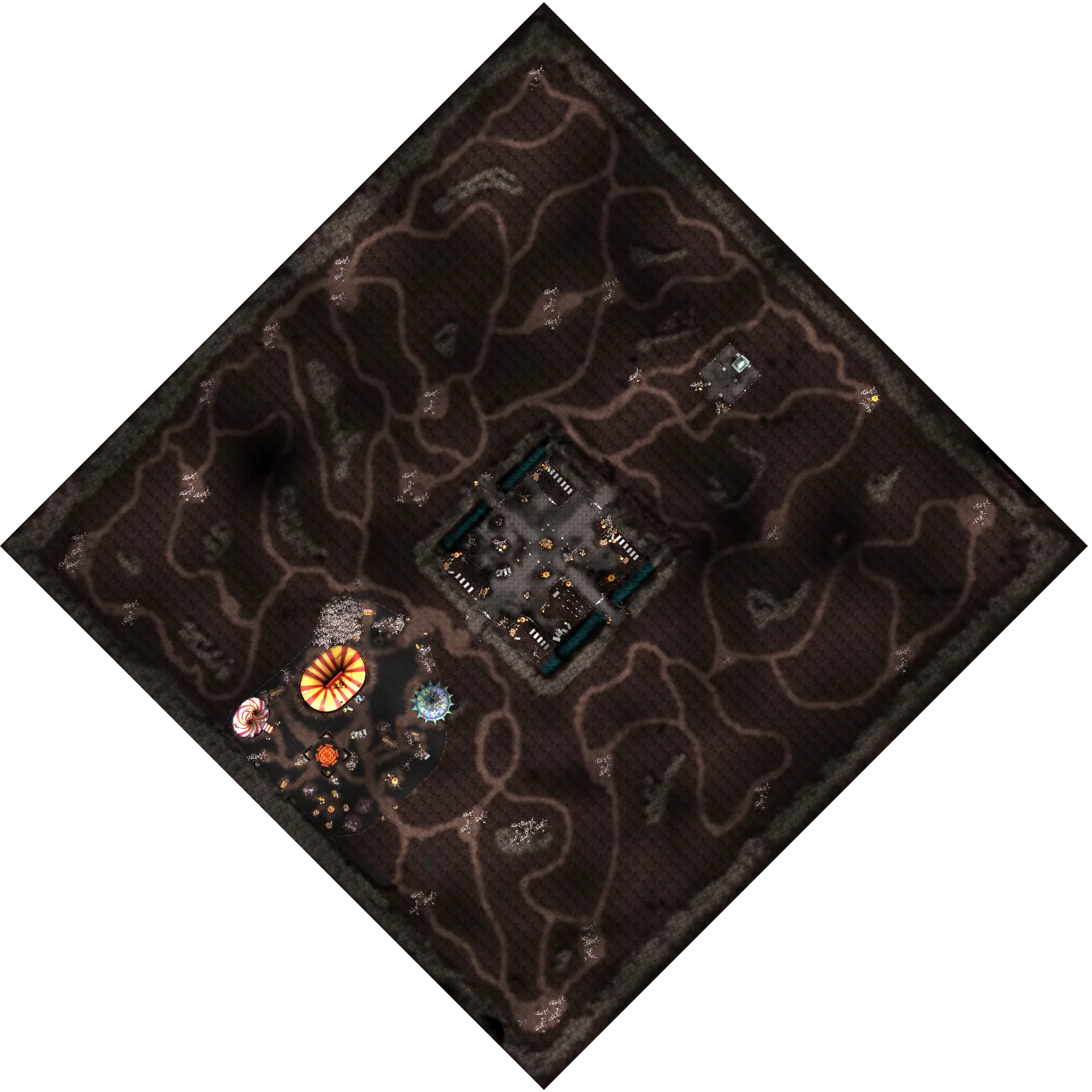 Map of the Halloween field: the walled town in the middle, the circus and the mausoleum at the edges