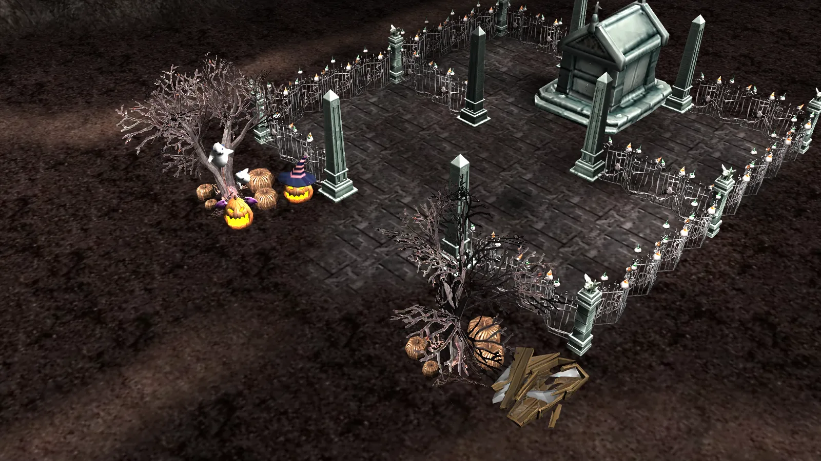 The mausoleum on the Halloween field: a stone tomb with obelisks behind an iron fence with candles