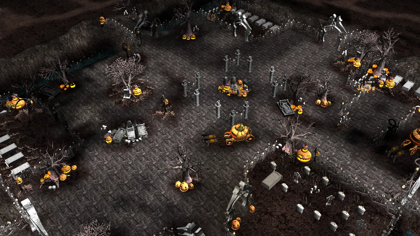 The town in the middle of the Halloween field: a stone plaza with graves, dead trees, jack o'lanterns and a pumpkin carriage